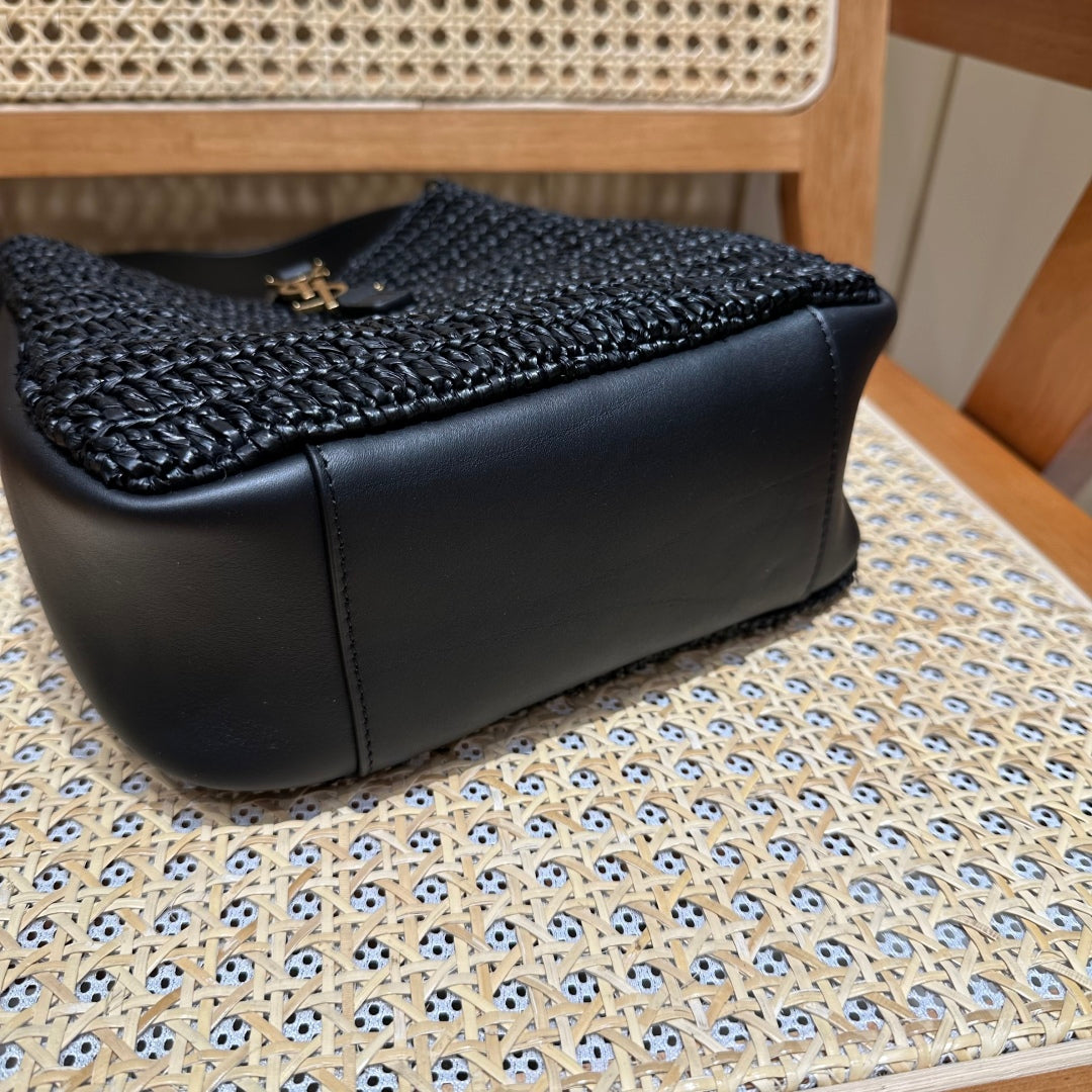 YSL Sac à main 22cm Noir Doré raphia Cuir de vaches