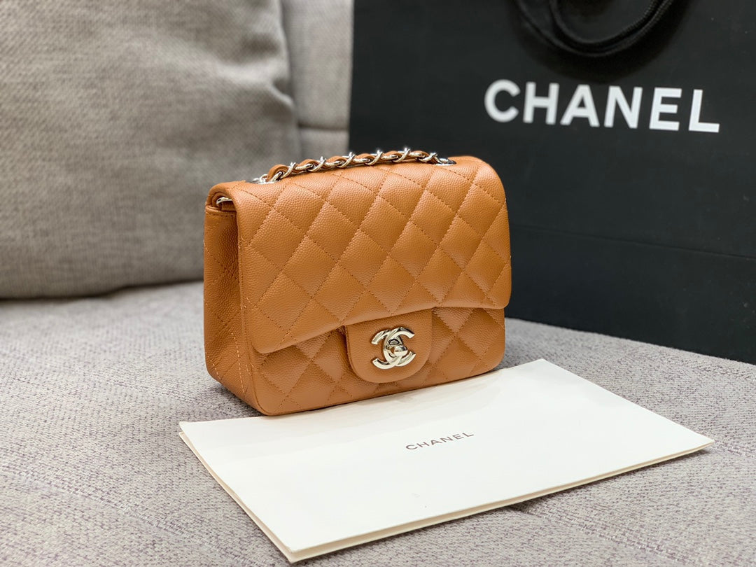 MINI SQUARE FLAP BAG 17CM MARRON CAVIAR QUINCAILLERIE ARGENT
