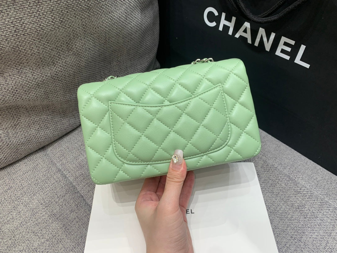 MINI RECTANGLE FLAP BAG 20CM LIME AGNEAU QUINCAILLERIE ARGENT