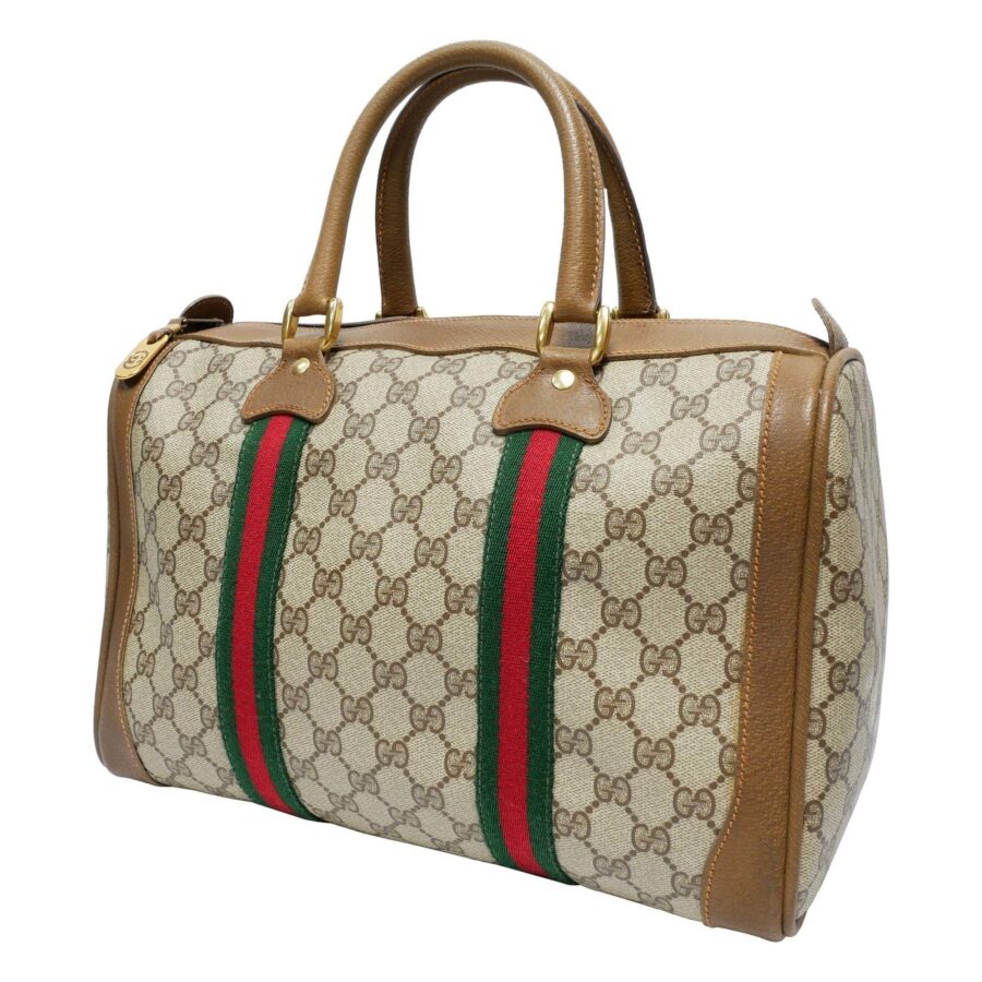 GUCCI Old Gucci Mini Boston Bag Handbag Barrel Unisex 's 70'S Sherry Line GG Pattern/Leather Gold Hardware Brown/Beige | Studio Nafay