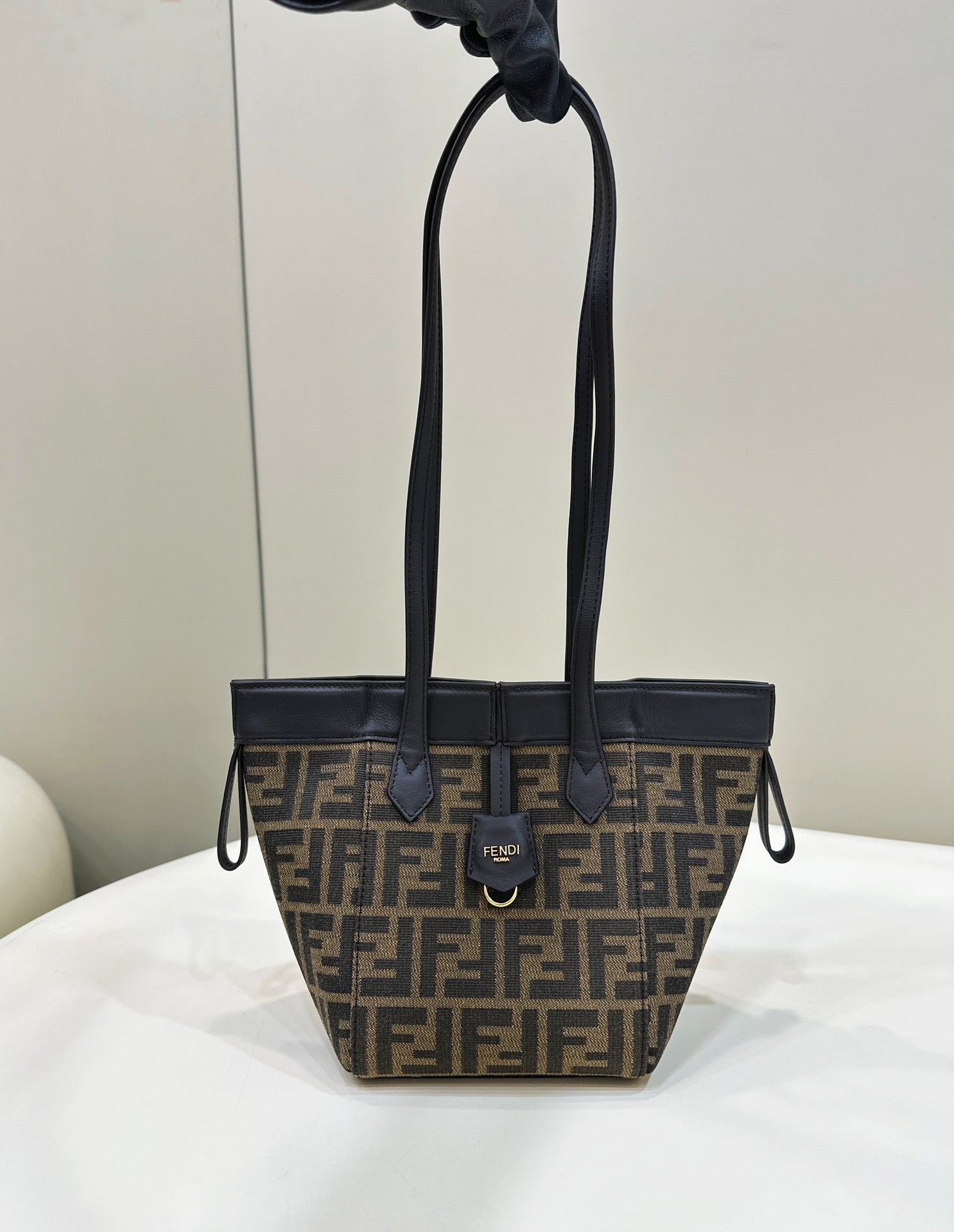 FENDI ORIGAMI MINI 19 EN TISSU JACQUARD FF MARRON MÉLANGÉ NOIR