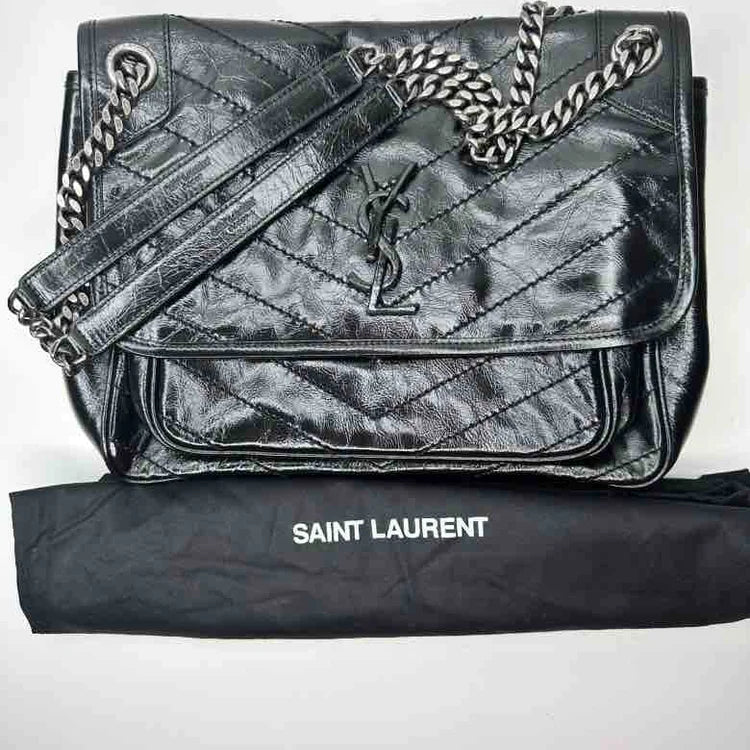 Ysl Crinkled Calfskin Matelasse MONOGRAMME Baby Niki Chain Satchel, Black Leather, Medium | Studio Nafay