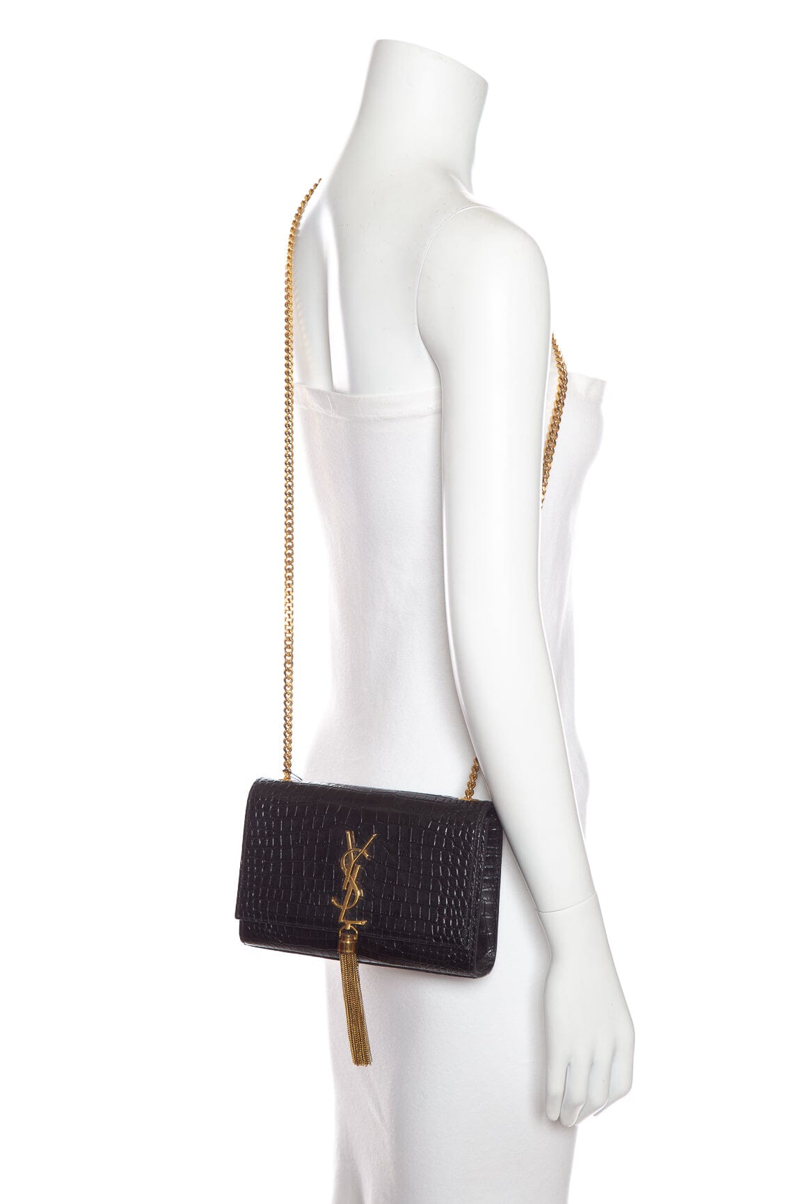 YSL Sac bandoulière Kate en cuir noir gaufré effet croco
