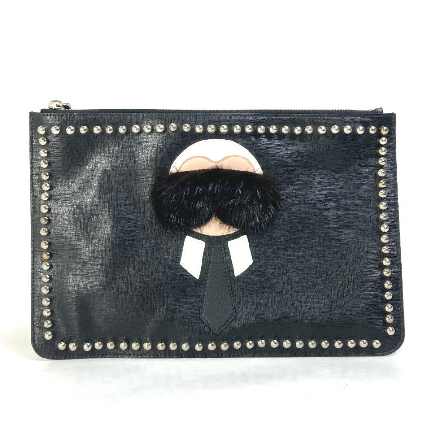 FENDI Clutch bag Leather, Fur black studded pouch Karl Lagerfeld Carlito | Studio Nafay
