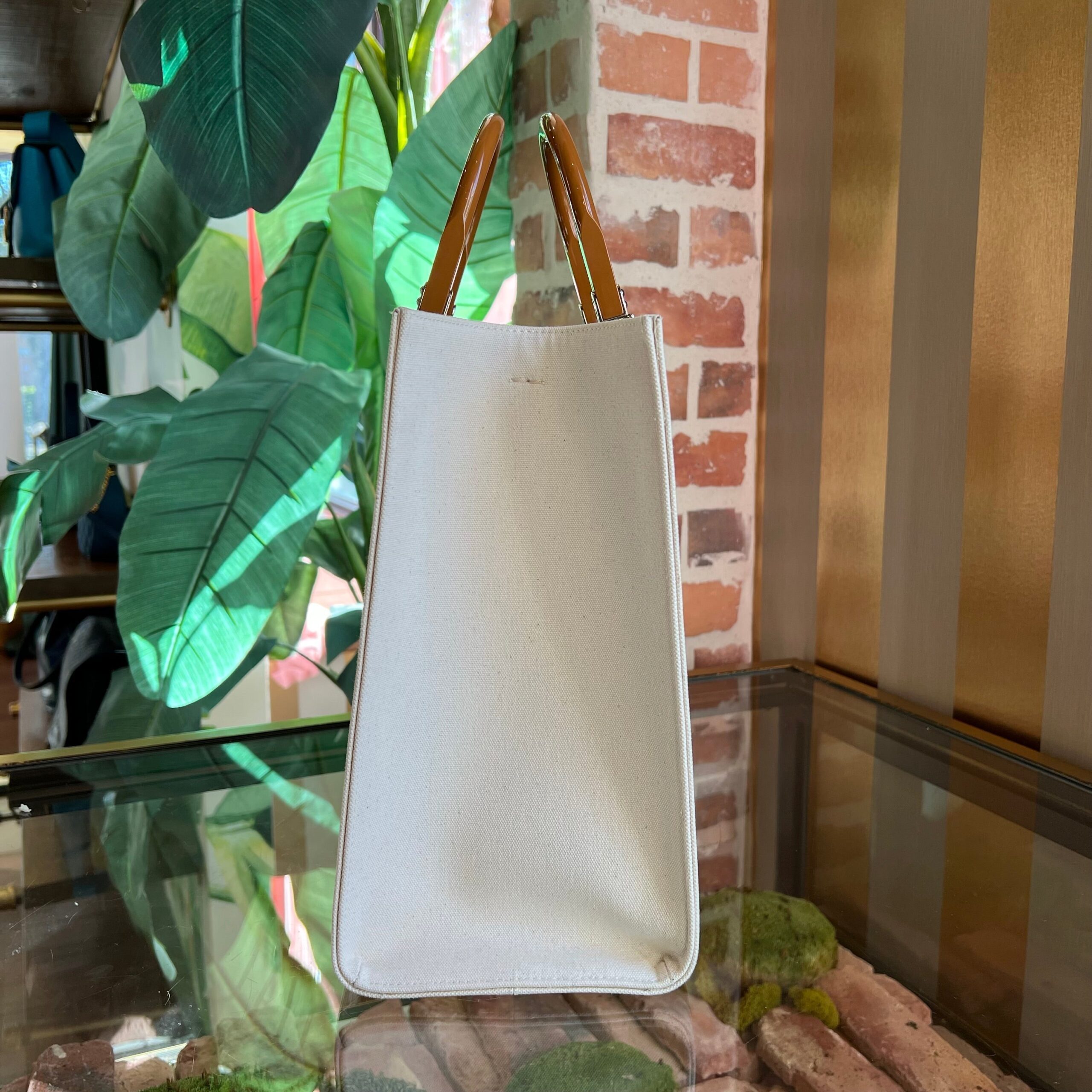 FENDI Sunshine Shopper Moyen Marron Beige Toile Vernie Poignée Flexiglass Cabas