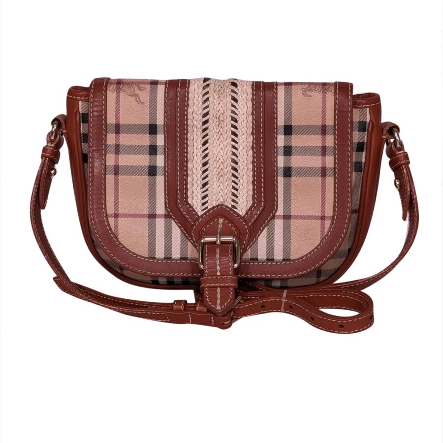Burberry - Tan Leather and Signature Plaid Crossbody Bag | Studio Nafay