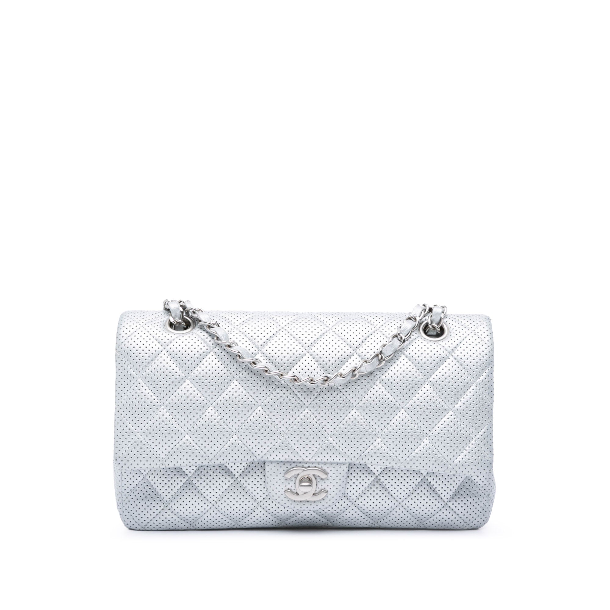 Argenté Chanel Moyen Classic Perforated Lambskin Double Flap Sac bandoulière