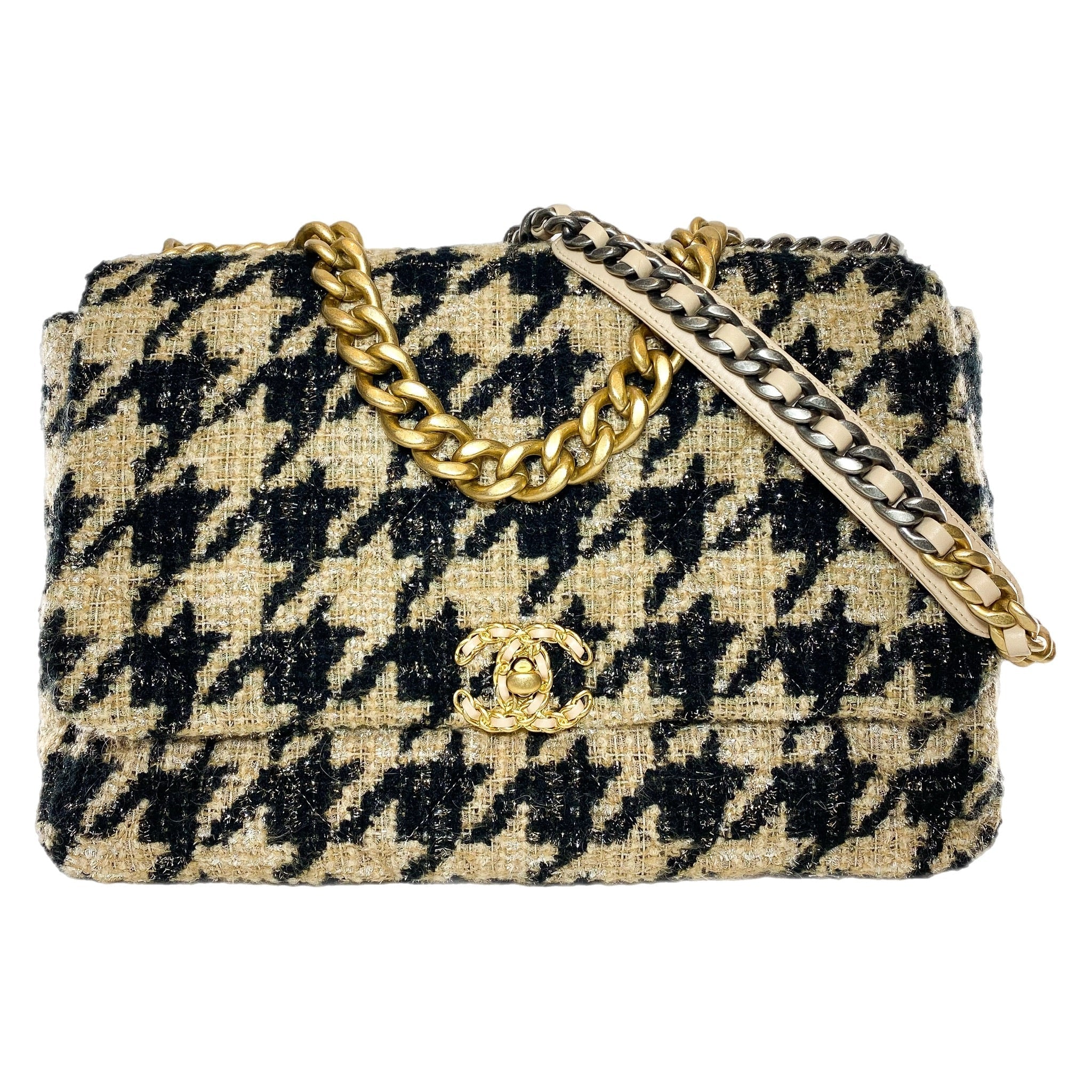 Chanel 19 Grand sac à rabat en tweed pied-de-poule Noir Beige