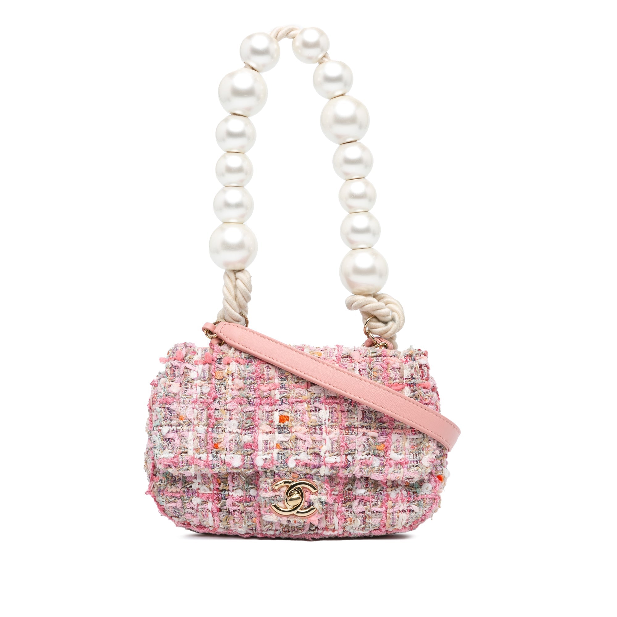 Rose Chanel Mini Tweed Pearl Top Handle Flap Cartable
