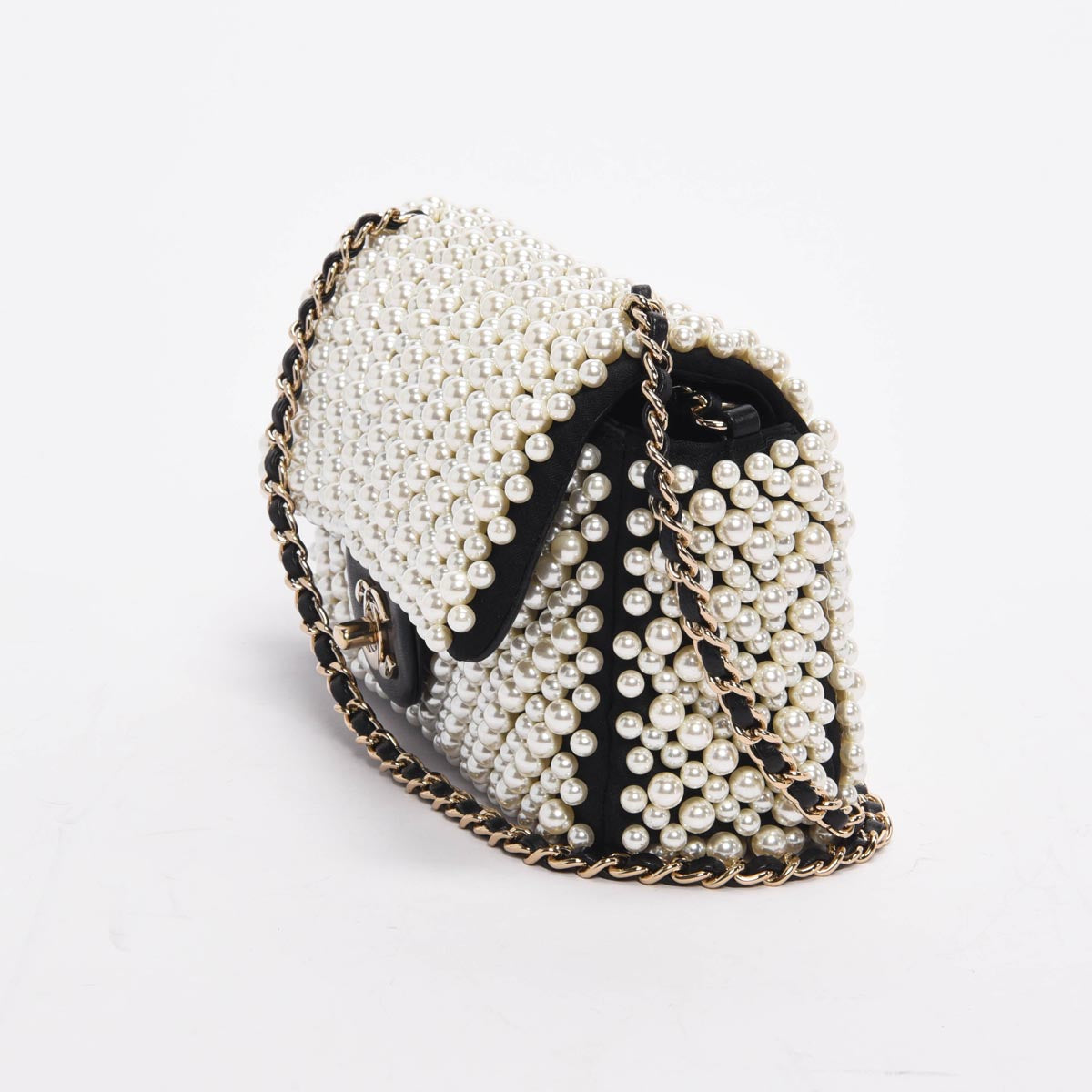 Chanel Noir Satin & Agneau Pearl On Flap Bag
