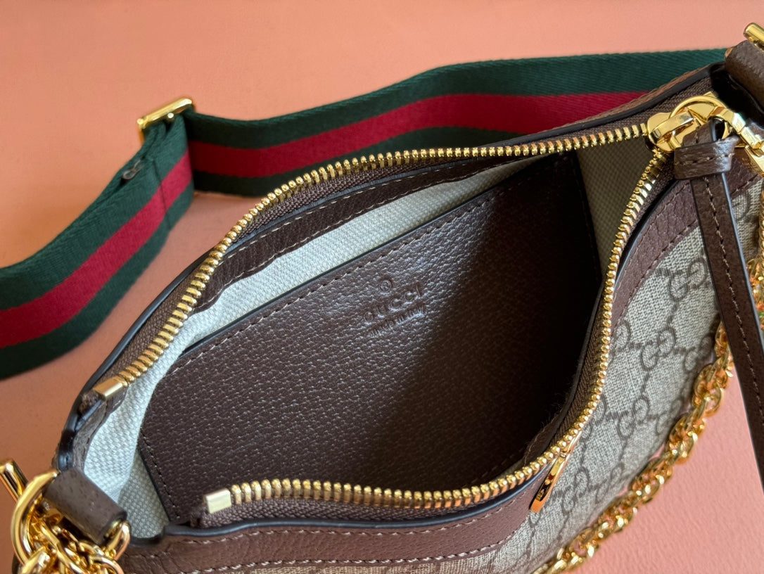 OPHIDIA SMALL SHOULDER BAG 25 IN BEIGE EBONY CANVAS AND DARK BROWN LAMBSKIN QUINCAILLERIE OR