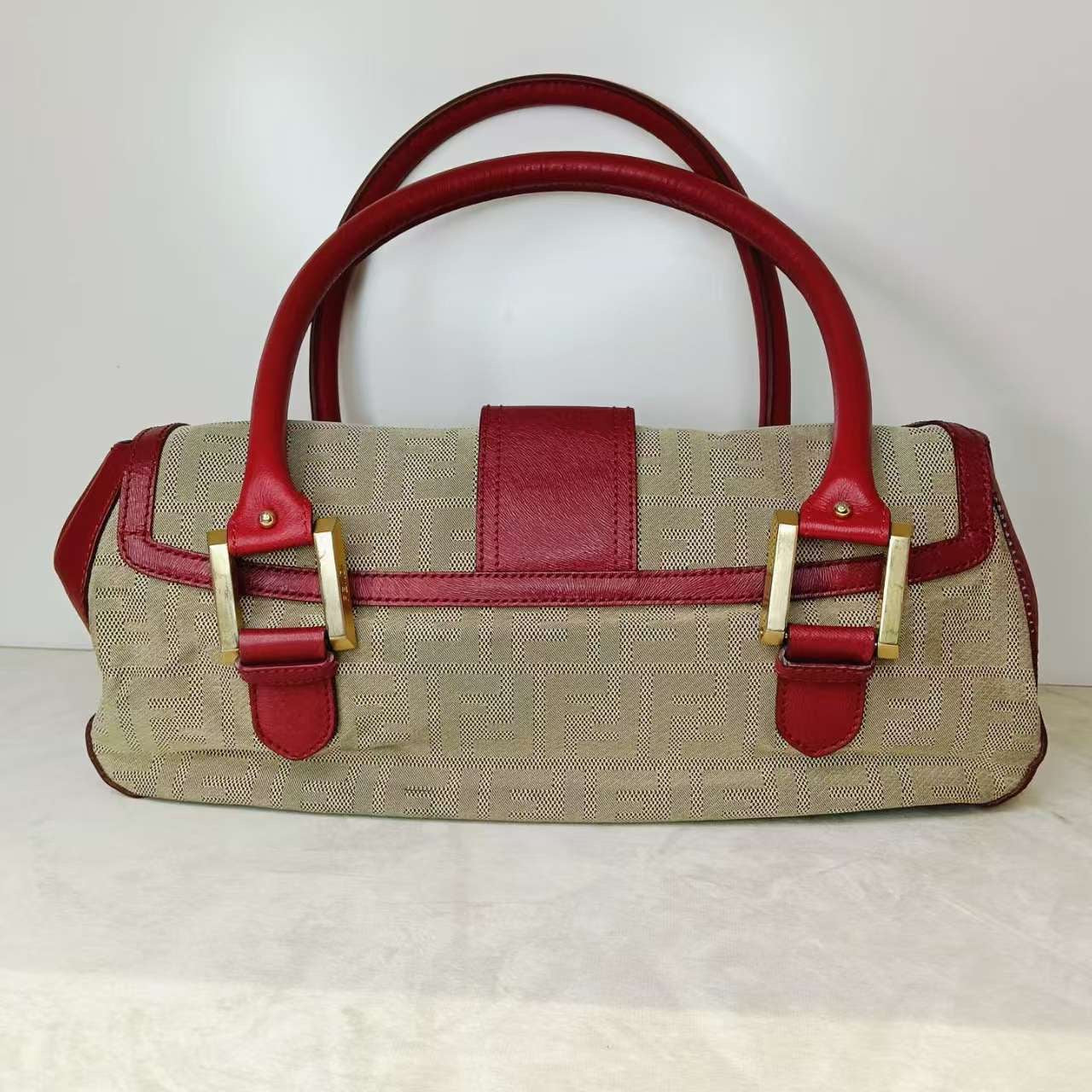 Fendi Cabas Beige Rouge Cuir Toile Sac à main